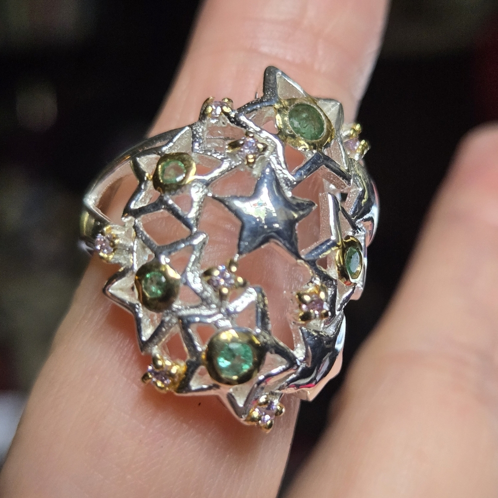 Emerald & Topaz sterling & gold star dome ring sz7.5 - Picture 4 of 12